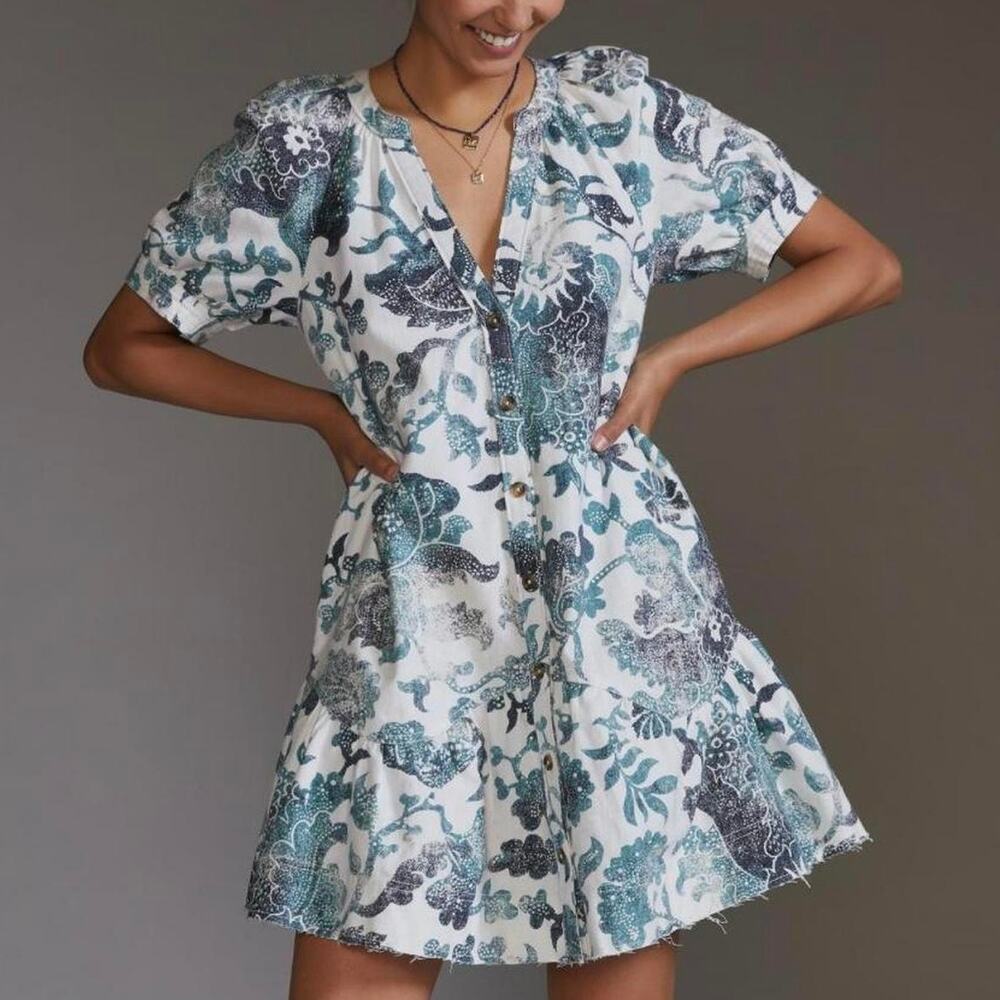 Anthropologie Floral Block Print Mini Dress White Teal Puff Sleeve NWT XS